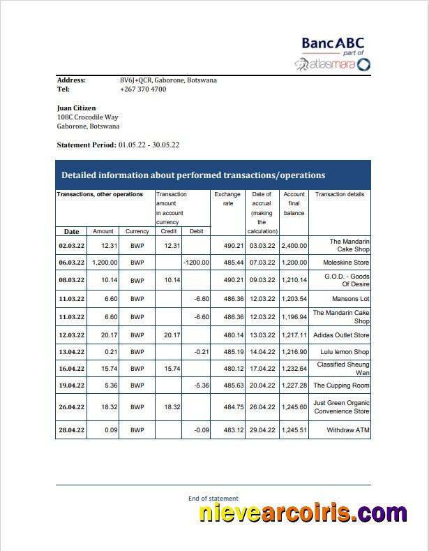 Botswana Bank ABC bank statement, Excel and PDF format